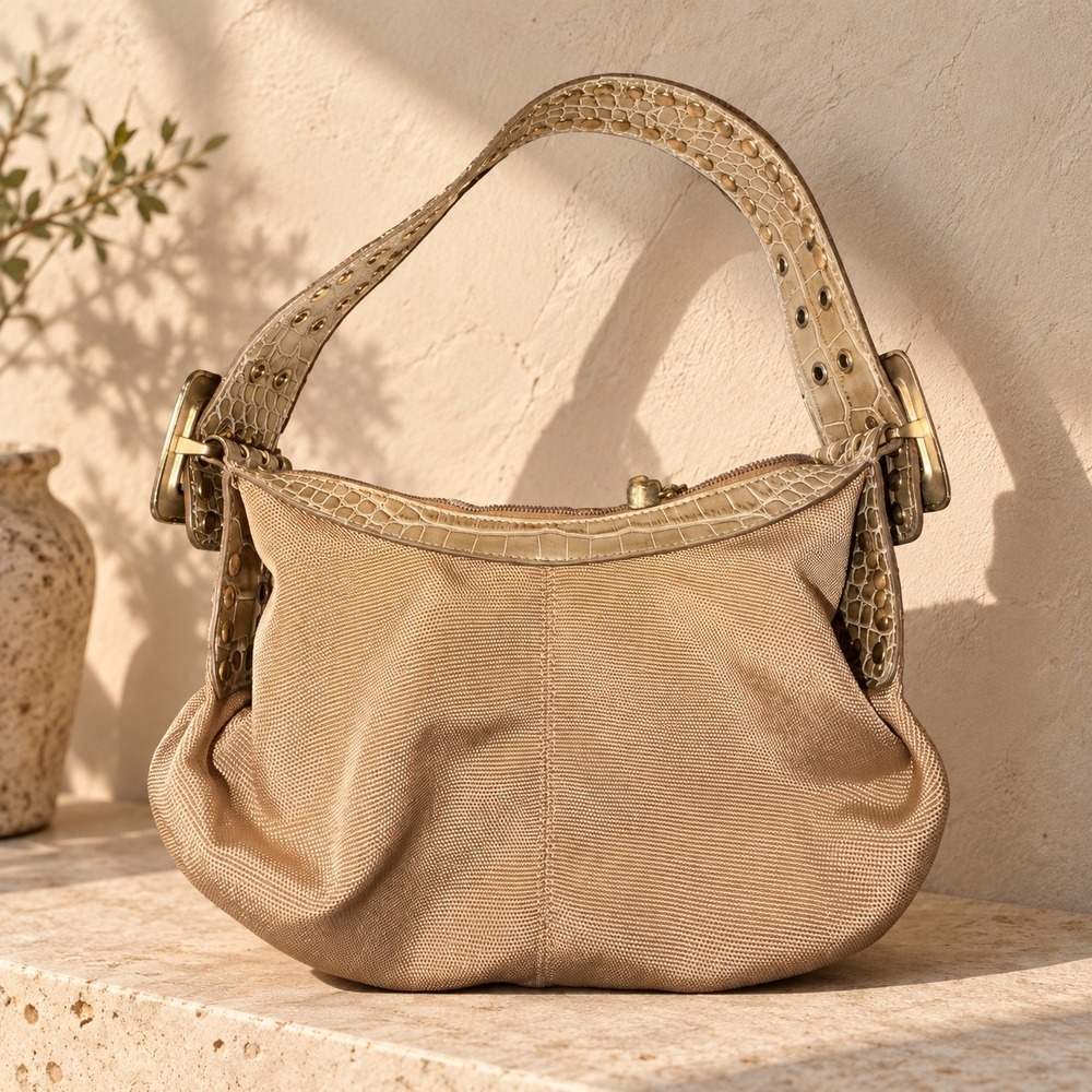 Kathy Van Zeeland Tan Metallic Mesh Hobo Bag Croc Embossed Studded Shoulder Bag